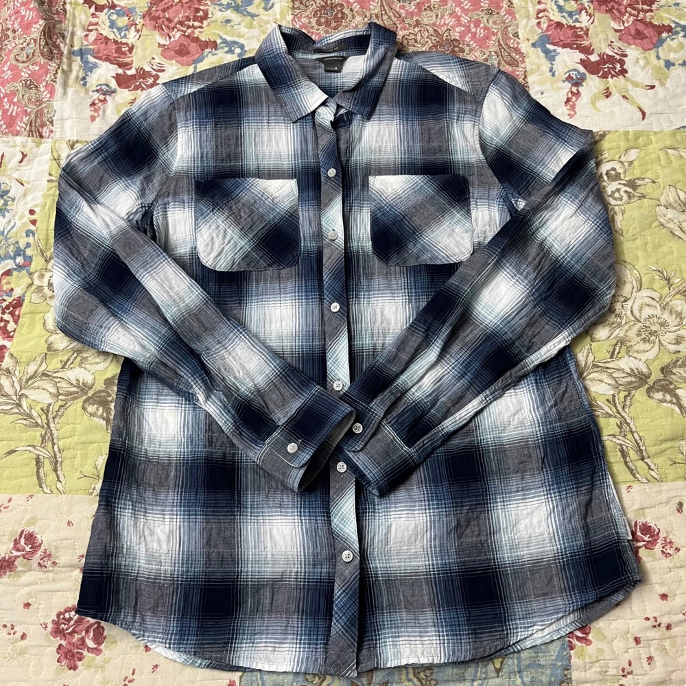 Western Eddie Bauer Womens‎ Blue Plaid Classic Fit Button Down Shirt Medium